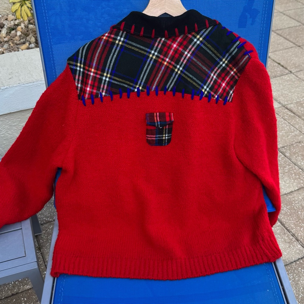 Sandy Starkman L Red Wool Patchwork Plaid Knit Ja… - image 8